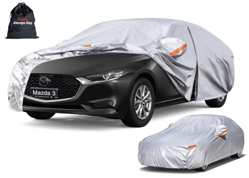 Image of Kayme 6 Layers Sedan Car Cover Custom Fit for Mazda 3 (2003-2025), Waterproof All Weather for Automobiles,Rain Sun UV Protection.Silver
