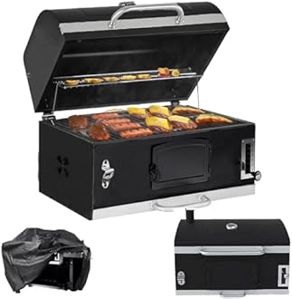 Large Built-in Barbecue Grills, Charcoal BBQ Grills with Liftable Tray, Insulated Hood & Temp Gauge, Black Stainless Steel Charcoal BBQ Barrel Grill for Outdoor Kitchen Camping Park Style