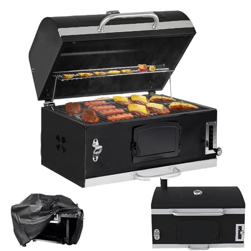 Large Built-in Barbecue Grills, Charcoal BBQ Grills with Liftable Tray, Insulated Hood & Temp Gauge, Black Stainless Steel Charcoal BBQ Barrel Grill for Outdoor Kitchen Camping Park Style