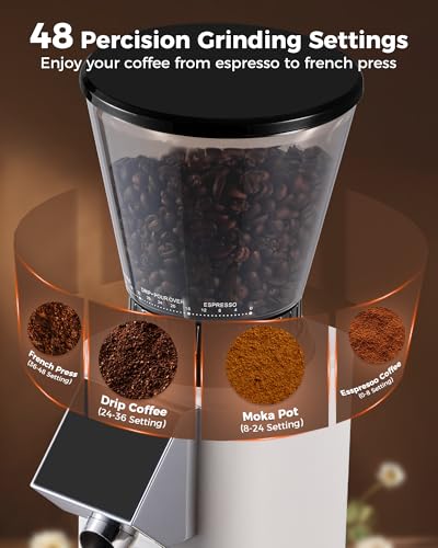 Image of Tuni G1 Conical Burr Coffee Grinder, 48 Grind Settings Anti-static Burr Mill, Precision Electronic Timer and LED Touchscreen for Espresso /Drip /Cold Brew /French Press, Stainless Steel, Ivory