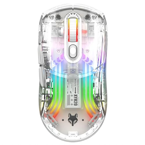 Mengshen Ratón inalámbrico Transparente para Juegos, Recargable con 5 Niveles de dpi, retroiluminación de Colores, Clic silencioso, ergonómico para PC, Ordenador portátil, Juegos, Oficina (Blanco)