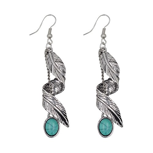 Women Bohemia Tribal Antique Silver Leave Dangle Earrings Vintage Feather Turquoise Bead Drop Earrings Nickel Free