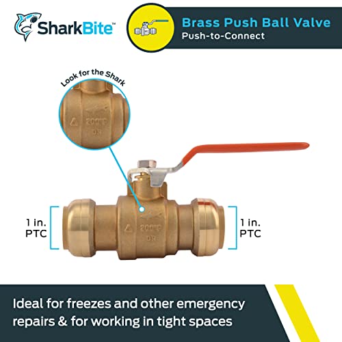 Image of SharkBite 1 Inch Ball Valve, Push to Connect Brass Plumbing Fitting, Water Shut Off, PEX Pipe, Copper, CPVC, PE-RT, HDPE, 22223-0000LFA