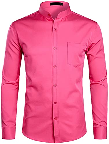 PARKLEES Herren Grandad-Kragen Smart Dress Shirt Slim Fit Langarm zum Zuknöpfen Hemden mit Tasche, S