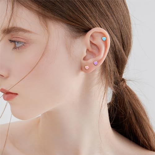 Newzenro 18G Colorful Heart Love Screw Flat Back Small Stud Earrings For Women Teen Girls Surgical Steel Pink Blue Red Purple Enamel Hearted Cartilage Tragus Piercing Little Studs Hypoallergenic Gift 6 Pairs Set thumb #4