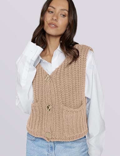 Image of UEU Womens Chunky Sweater Vest Button Down Sleeveless Cardigan V Neck Crop Crochet Knit Tops 2025 Fashion Trendy Clothes