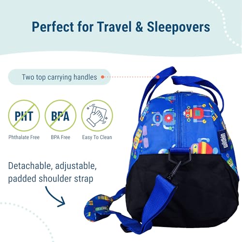 Image of Wildkin Kids Overnighter Duffel Bag - Carry-On Travel Bag for School & Sleepovers, Lightweight, Durable, Boys & Girls Ages 4-15 - Robots
