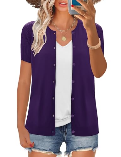 Image of FreshNight Women's 2025 Short Sleeve Cardigan Button Up Hollowed Out Crewneck Shrug Sweaters Knit Sweater Tops Lightweight