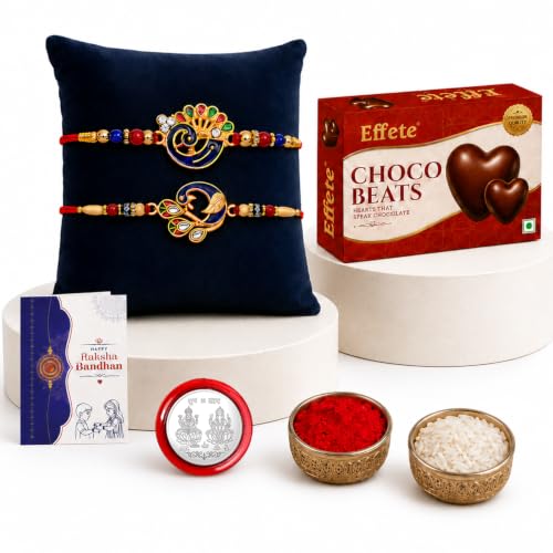 Image of DeoDap Rakhi with Chocolate for Brother - 2 Peacock Design Rakhi Set with Choco Beats Chocolate 32gm, Silver Color Pooja Coin, Roli Chawal & Greeting Card | Raksha Bandhan Combo for Bhai