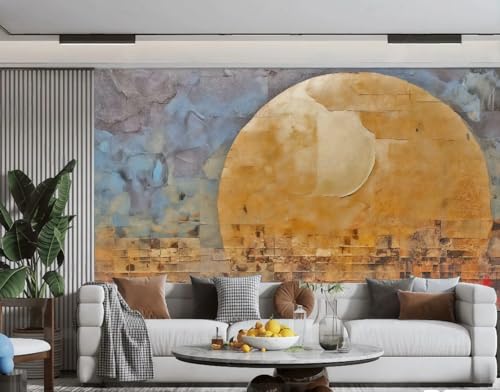 Papier peint panoramique lune dorée art collage pour mur TV - 3