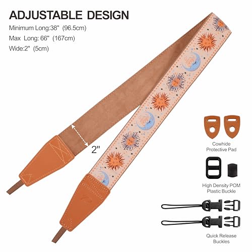 Image of Padwa Lifestyle Tan Sun God Camera Strap - 2 inch Full Grain Leather Ends Camera Straps for Photographers, Vintage Embroidered Cotton Soft Suede Fabric Padded Strap Quick Release fits All Cameras