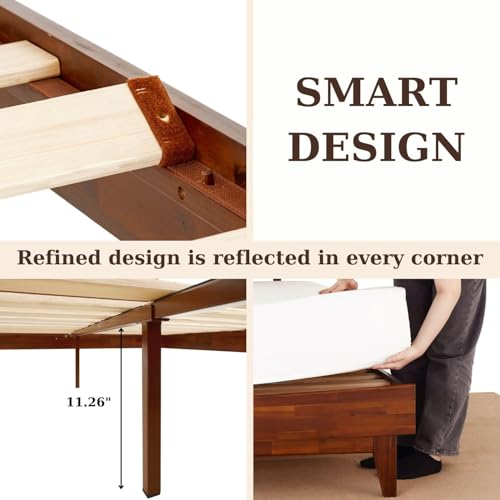 Image of Arman HANDICRAFTS Caden 15 inch Solid Acacia Wood Bed Frame with Adjustable Headboard, Mid Century Style, No Box Spring Needed, Full Size, Dark Chocolate