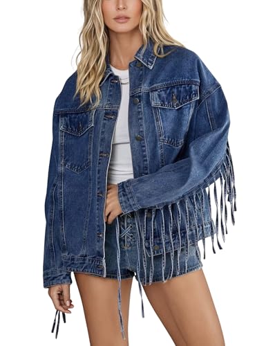 Omoone Women's Oversized Denim Fringed Jacket Tassel Jean Jackets...