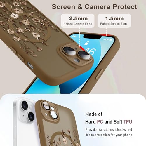 Image of Magnetic for iPhone 13 Case with Screen Protector, Brown Flower | Pretty Floral Pattern Design [Compatible with MagSafe] [Full Camera Protection] Shockproof Slim Cover for Women Girls