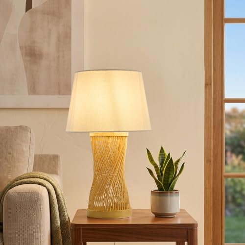 Image of Boho Table Lamp, 17 inch Bamboo Bedside Lamp for Living Room | Farmhouse Nightstand Lamp for Bedrooms, End Tables, Home Decor, Handwoven rattan Base, Linen Shade, E26 Socket