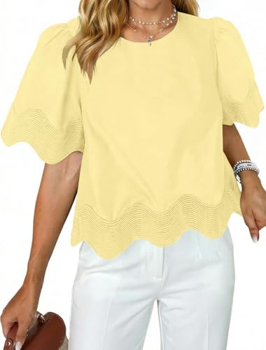 TERIVEEK Womens Casual Scalloped Tops Puff Short Sleeve Blouses Flowy Ruffle Shirts Summer Loose Business Office Work Tunics Yellow
