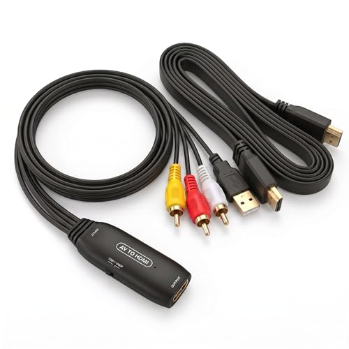 QGECEN Adaptador RCA a HDMI, convertidor AV a HDMI 1080P/720P, convertidor de audio y video CVBS compuesto Plug & Play con cable RCA de 50 cm y cable HDMI de 150 cm, para PS2, Wii, N64, VHS, VCR, DVD