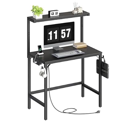 HOOBRO Small Computer Desk, 28.3" Desk for Small Spaces, Home Office Desk with Power Outlet & Adjustable Monitor Stand, Compact Desk with Storage, Writing Table for Bedroom, Office, Black BB38UDN01