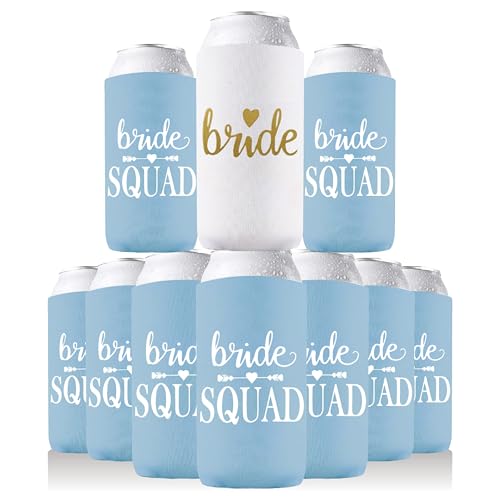 Image of PartyGifts&Beyond 10Packs Bachelorette Party Decorations Slim Can Cooler Bridesmaid Gifts Can Cooler Bride Squad Can Sleeves (Light Blue)