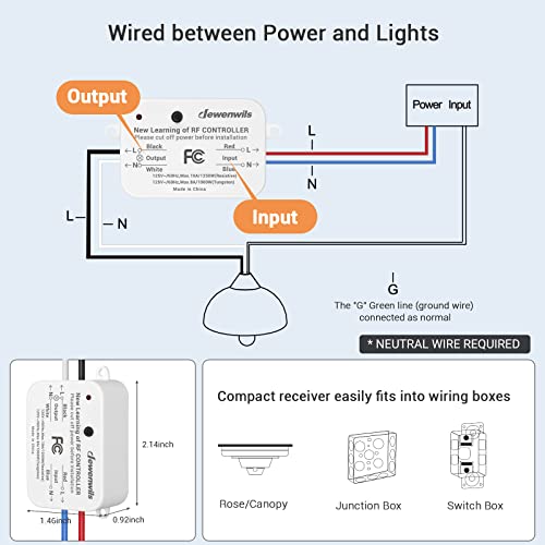 Dewenwils Wireless Light Switch And Receiver Kit, No In-Wall Wiring Required, Remote Control Switch Lighting Fixture For Ceiling Lights, Fans, Lamps,100 Ft Rf Range, Programmable #TOP3