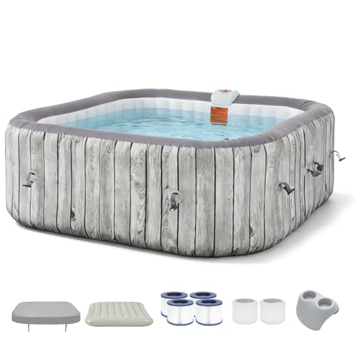 SunSwell 73' Inflatable Hot Tub 4-6 Person, Square Portable Outdoor Spa with 130 Soothing Air Jets, Heater Pump, Insulated Cover and Filter System, Blow Up PVC Hot Tub for Backyard, Patio, Gray
