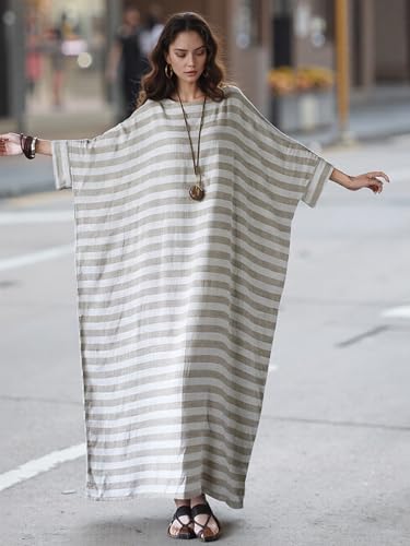 Image of LUZU JUNU Women Cotton Linen Caftan Robe Striped Casual Loose Bat Sleeve Long Maxi Dress