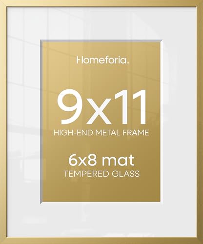 Image of Homeforia 9x11 Gold Picture Frame, High-End Metal, 6x8 Mat, Glass | High End Aluminum, Tempered Glass, Acid-Free 6x8 Removable Mat, 9x11 in Edge-to-Edge Display 11x9, Wall Kit, Set Of 3