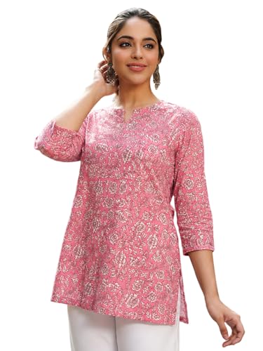 Image of Pinkmint Women Short Kurti | Cotton Blend Printed Tunic Top | Trendy Casual Top | Casual & Office Wear Ethnic Top for Jeans