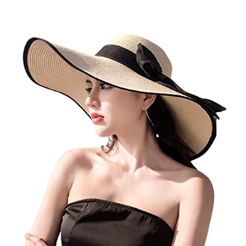 Cappello da Sole Donna, Cappello di Paglia da Spiaggia Cappello Grande da Mare Tesa Protezione Solare Parasole Vacanza Moda Cappello Grande Fresco - Regali Beige-A, Taglia unica