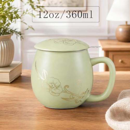 Image of Yundu 12 OZ Ceramic Mug with Lid & Tea Strainer - Matte Light Green Tea Cup with Golden Flower, Stainless Steel Infuser for Loose Leaf Tea