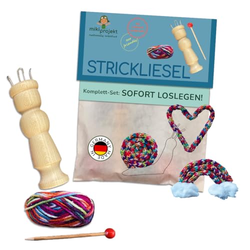 mikiprojekt Strickliesel nachhaltiges Bastelset komplettes Set made in Germany Strickliesel Strickstab 30m Garn Einfädelhilfe 2 Bastelvorlage plastikfrei 5 bis 99 Jahre