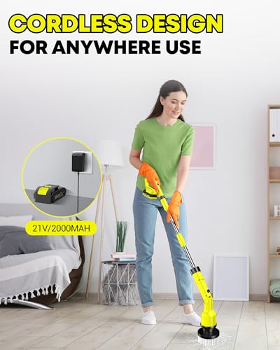 Image of Electric Spin Scrubber with 3+ Hour Long Lasting Battery, 1000W /1200RPM High Power Cordless Clean Brush with 50IN Adjustable Long Handle, 4 Replacement Head for Bath /Tub /Tile /Floor, RyobiGreen