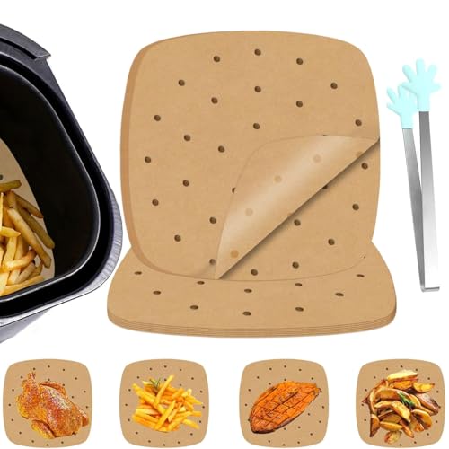 Air Fryer Parchment Paper Liners 100PCS 8.1 inch Non-stick Oil-proof Water-proof Air Fryer Liners Square Perforated parchment paper with 1 Clip for Frying Baking Cooking Roasting