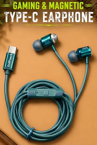 Image of Gaming Type-C Wired Earphone with Mic, 10mm Dynamic Bass Driver, Magnetic in-Ear Headphones, Low Latency Sound for Gaming, 1 Button Control, HD Calling, Voice Assistant (Dark Green)