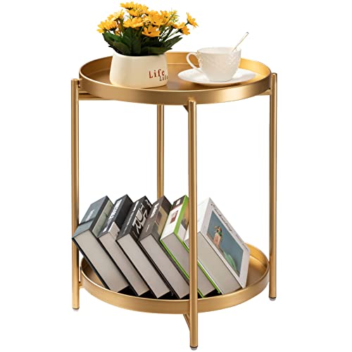 TeoKJ 2 Tier Gold Side Table, Folding Round Metal End Table Small Nightstand with Two Removable Tray for Living Room,Nursery, Small Spaces Bedside Gold by TeoKJ - Used condition - US$36.07