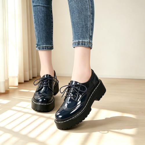 Image of Womens Oxford Shoes Black Leather Platform Oxford Shoes for Women Brogue