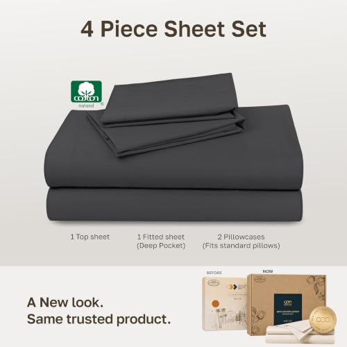 Image of Soft Natural 100% Cotton Sateen Full Sheet Set, 4 Pc Set, Dark Grey