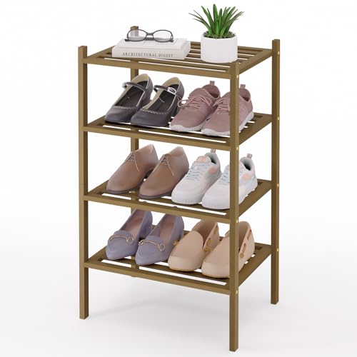 Image of Smiry Bamboo Shoe Rack, 5 Horizontal Slats, 4 Tier - 17.3 inch Wide, Walnut