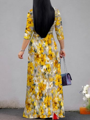 Image of Plus Size Dresses for Women Floral Print Maxi Dress Flowy 3 /4 Sleeve with Belt