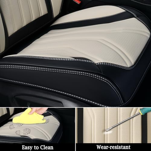 Image of FLORICH Seat Covers for Cars, Waterproof Seat Covers, Leather Car Seat Covers 2 Pack, Universal Seat Cushion Protector for Most Cars Trucks SUV-Black&Beige