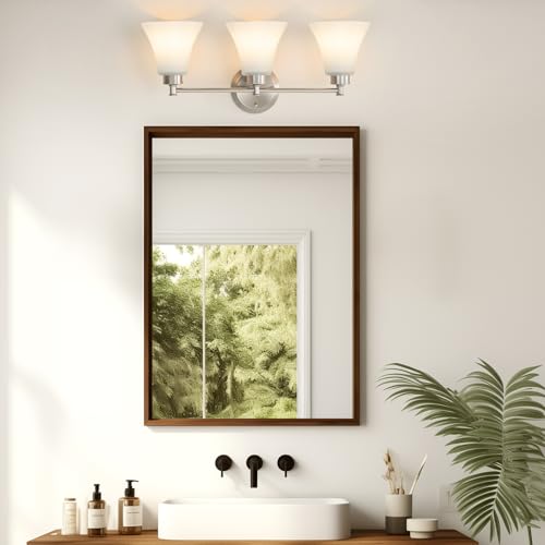 Image of LOUSACE 3 Light Bathroom Vanity Light Vintage Brushed Nickel Bathroom Lighting Fixtures Over Mirror, Traditional Wall Sconce Lighting with Opal Glass Shade, Nickel Vanity Lighting Fixture