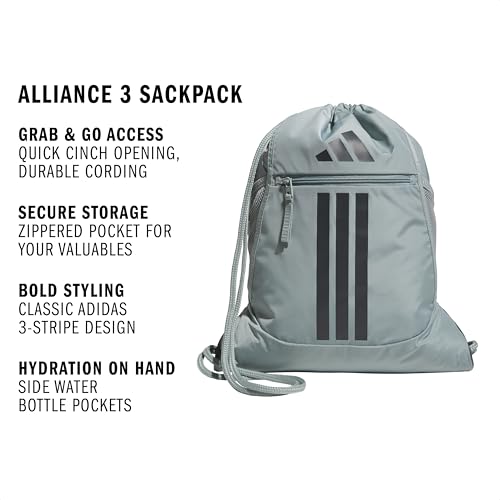 Image of adidas Alliance Sackpack - Drawstring Backpack Small Bag for Men and Women, 3 /Wonder Sage Green /Grey Six, One Size, Alliance Sackpack - Drawstring Backpack Small Bag for Men and Women