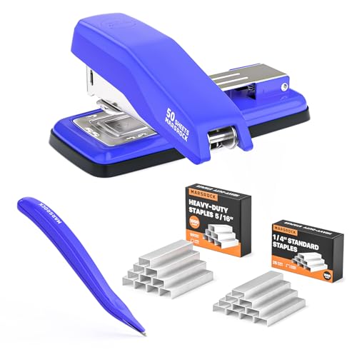 Marsrock ホッチキス 180°回転 中綴じホッチキス 卓上 強力 最大50枚とじステープラー リムーバー/2000枚ホチキス針付き オフィス 自宅 教室 ブックレット 製本用 ブルー