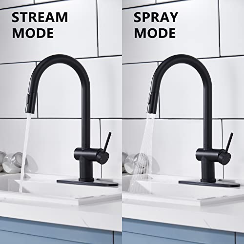Yardmonet Matte Black Kitchen Faucet With Pull Down Sprayer, Modern Stainless Steel Single Handle Kitchen Sink Faucet, Single Hole Kitchen Faucet With 10" Deck Plate #TOP2