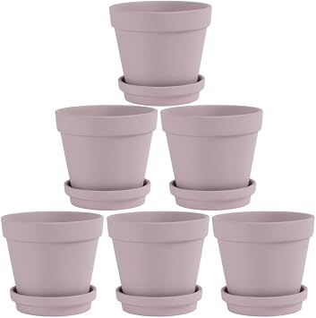 Fcacti 5.5 Inch Pink Clay Pot for Plant with Saucer - 6 Pack Large Terra Cotta Plant Pot with Drainage Hole, Flower Pot with Tray, Terracotta Pot for Indoor Outdoor Plant
