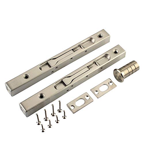 Muluo Hidden Latches & Bolts Silver 304 Stainless Steel 8Inch(20cm) Security Door Bolt Latch, Double Door Lever Action Flush Bolt Latch, French Door Slide Bolt Lock, Brushed Finish(2-Pack)