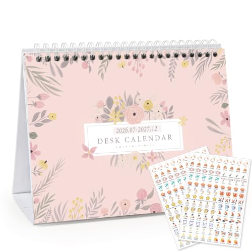 Small Desk Calendar 2026-2027 Mokani Standing Desktop Calendar (Jul.2026-Dec.2027) 18 Months Academic Flip Calender with Stickers & US Holidays Marked (8x6)