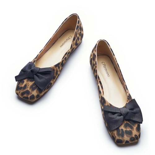 Image of C.Paravano Flats for Women | Ballet Flats | Square Toe | Dressy Casual Shoe | Ballerina Flats, Bow Slip-On, Lambskin Leather Insole, Memory Foam, Low Heel, Office Work,Fashion & Classic & Chic