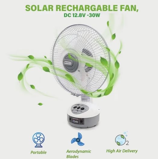 Image of Make in India 16-Inch Rechargeable Table Fan - High Speed AC /DC & Solar Powered Fan with battery,Recharge System, Includes Solar Panel 60 watt