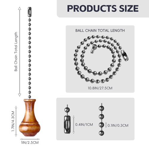 Image of Ceiling Fan Pull Chain, 4 Pack Wooden Pendant Pull Chain Extension, 12 Inches Decorative Chain Pulls for Ceiling Light Fan Lamp, Beads Ball Pull Chain Extenders with Connector, D